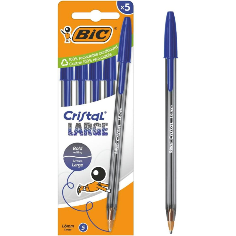 BIC Cristal Large Bolígrafos de Punta Ancha (1,6 mm) que Facilitan la Legibilidad - Tinta Azul, Pack de 5
