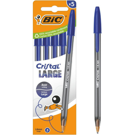 BIC Cristal Large Bolígrafos de Punta Ancha (1,6 mm) que Facilitan la Legibilidad - Tinta Azul, Pack de 5